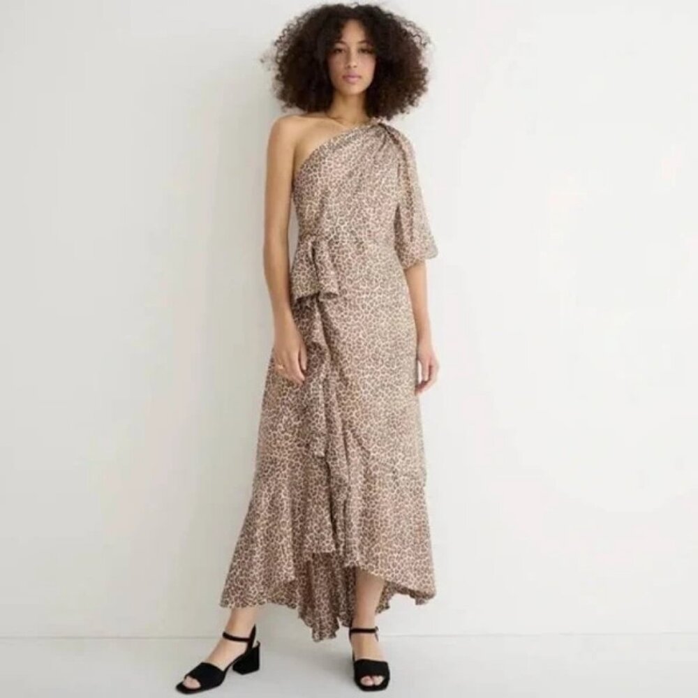 J. Crew Collection One-Shoulder Ruffle-Hem Dress In Leopard.  SZ 4 - Picture 2 of 5